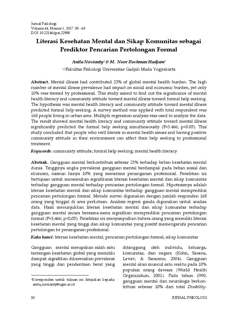 Literasi Kesehatan Mental Dan Sikap Komunitas Sebagai Prediktor Pencarian Pertolongan Formal Pdf