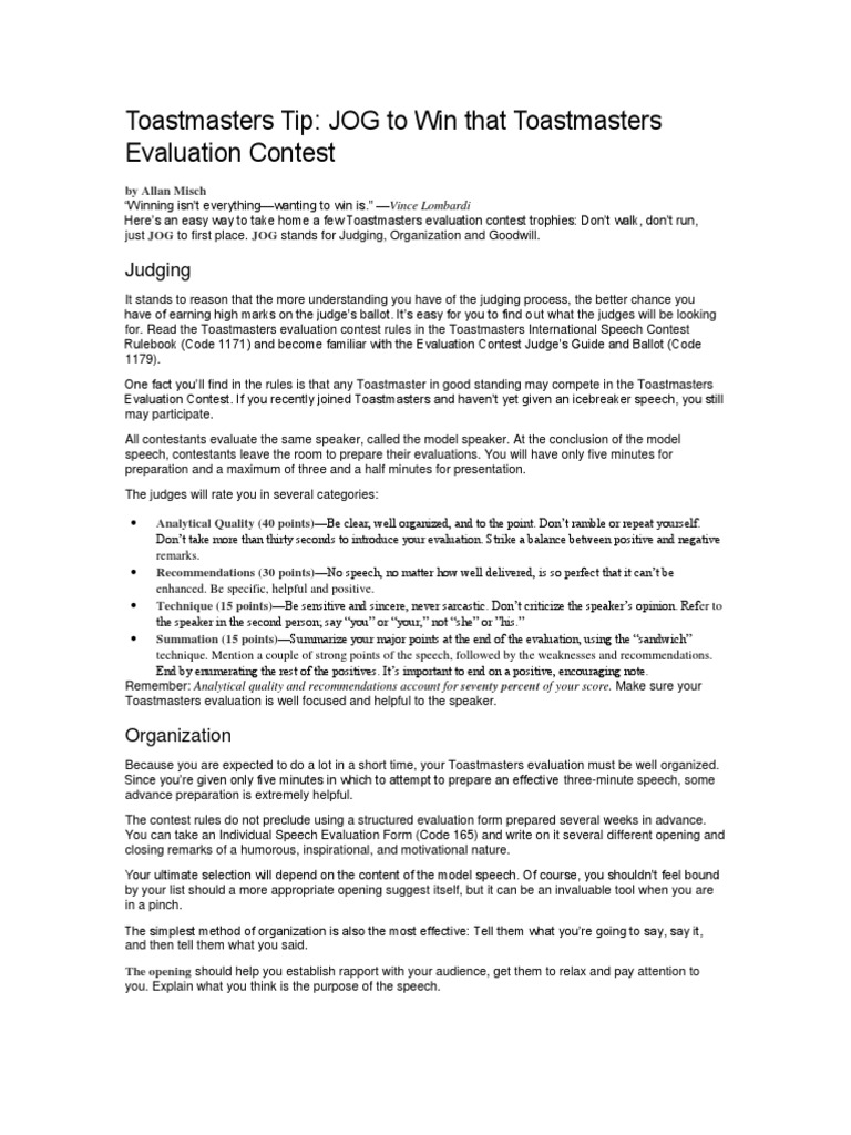 Toastmasters Tip Evaluation Contest PDF Criticism Body Language