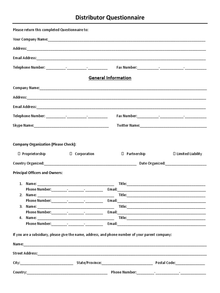 Distributor Questionnaire PDF Address (Geography) Telephone Number