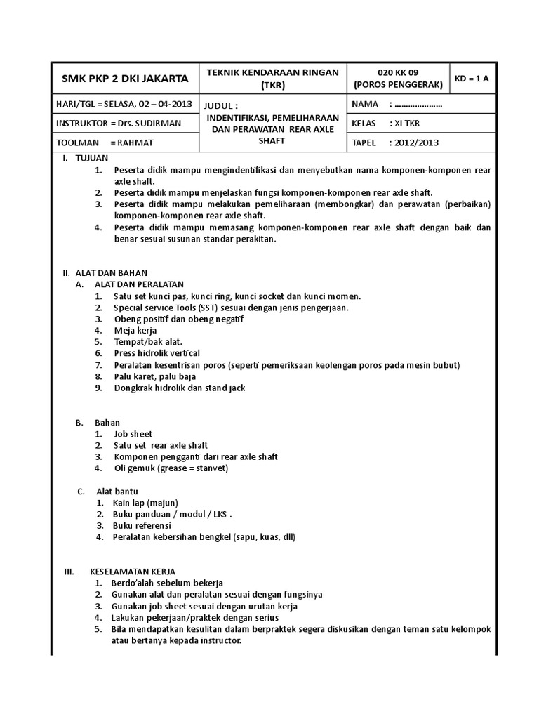 Job Sheet Rear Axle Shaft PDF