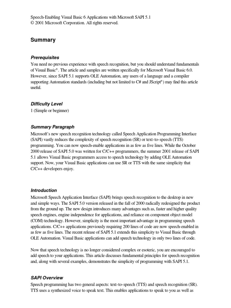 Speech-Enabling Visual Basic 6 Applications With Microsoft SAPI 5.1 ...