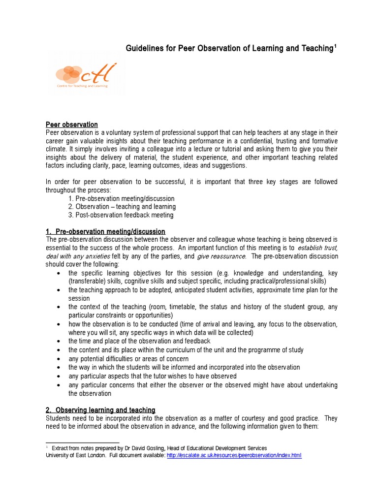 Guidelines - Peer Observation | PDF | Tutor | Observation