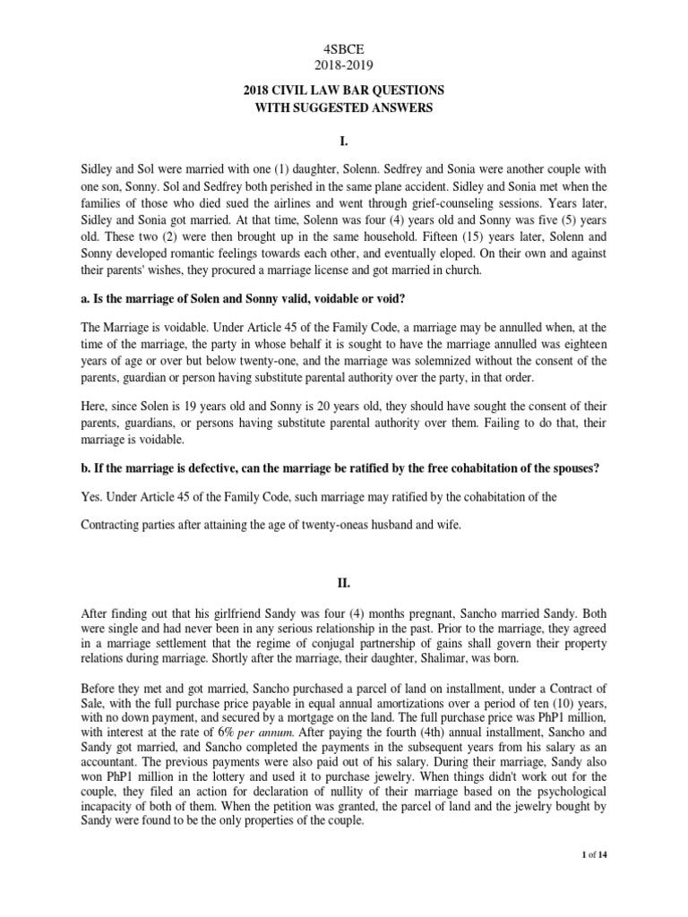 2018 Civil Law Bar Questions With Suggested Answers PDF PDF Will