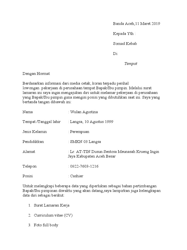 Contoh Surat Lamaran Kerja Sebagai Data Entry