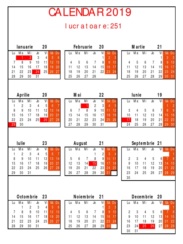 Calendar Zile Lucratoare 2019 PDF