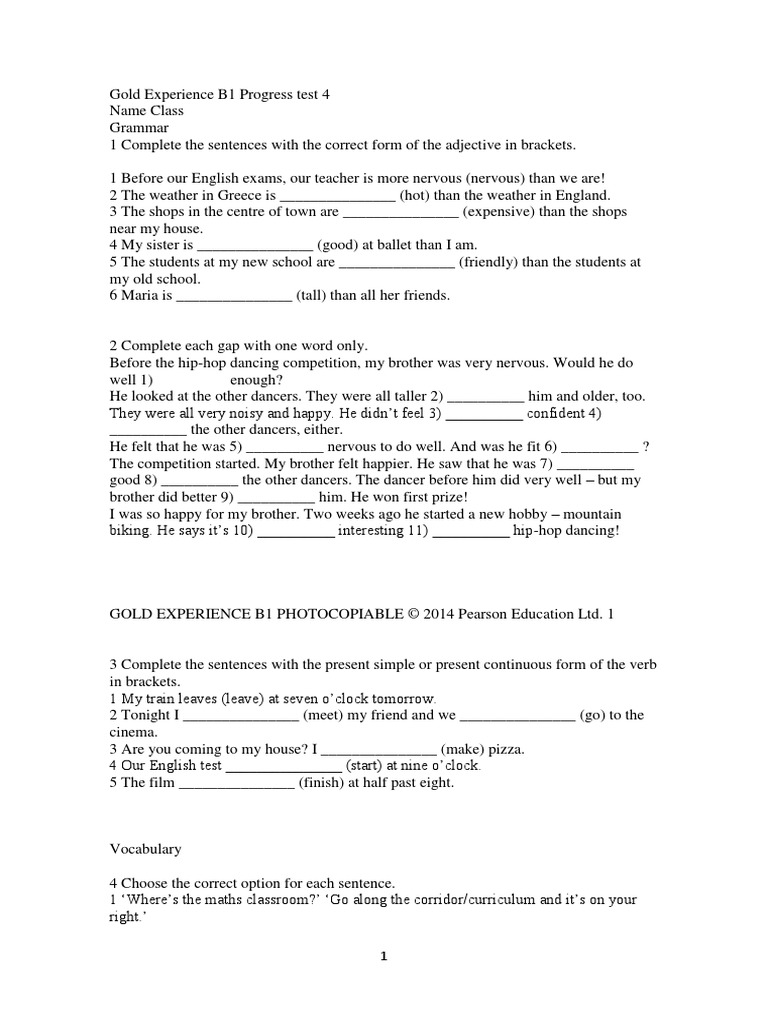 Gold Experience B1 Progress Test 1