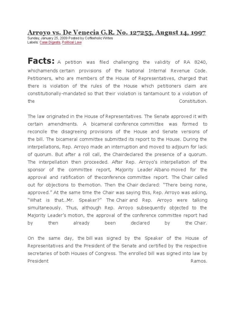 Arroyo vs de venecia case digest pdf united states house of