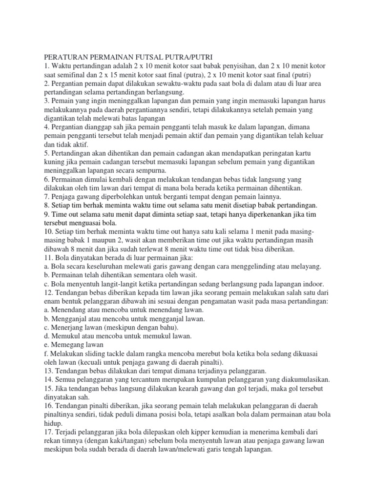 Peraturan Permainan Futsal Putra Putri