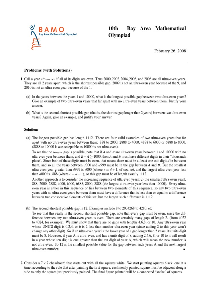 10th Bay Area Mathematical Olympiad: Problems (With Solutions) | PDF ...