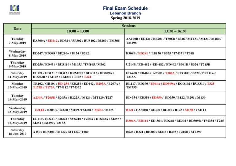 Lebanon Branch Spring 2019 Exam Schedule | PDF