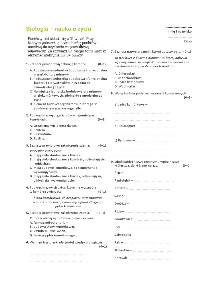 Biologia Klasa 7 Rozdział 1 Sprawdzian Sprawdzian Biologia Klasa 7 Regulacja Nerwowo-hormonalna Odpowiedzi