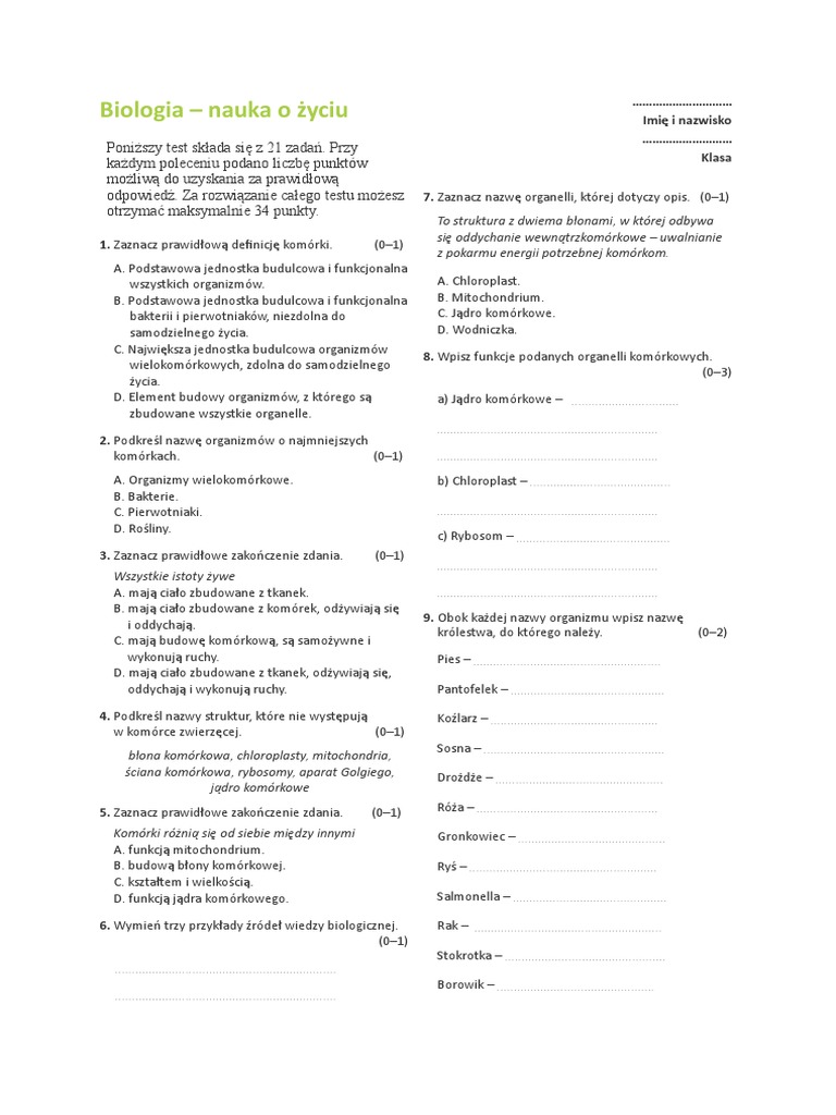 Biologia Nauka O życiu Test Sprawdzający Rozdział 1 Klasa 5