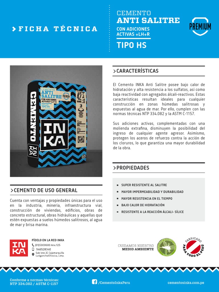 Ficha Técnica Cemento Inka Antisalitre | PDF | Cemento | Hormigón