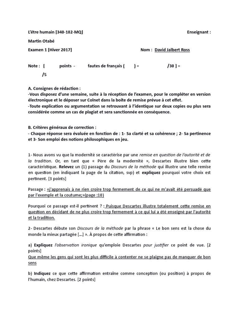 Examen 1 Pdf Rene Descartes Raison