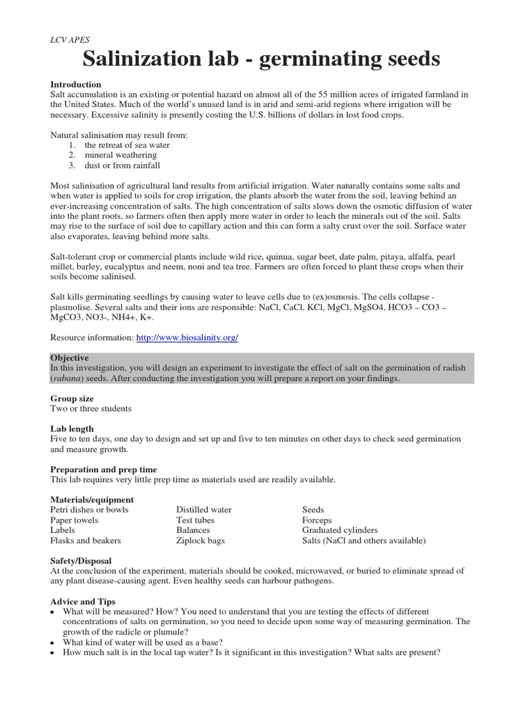 Salinization Lab March 2019 PDF Sodium Chloride Soil