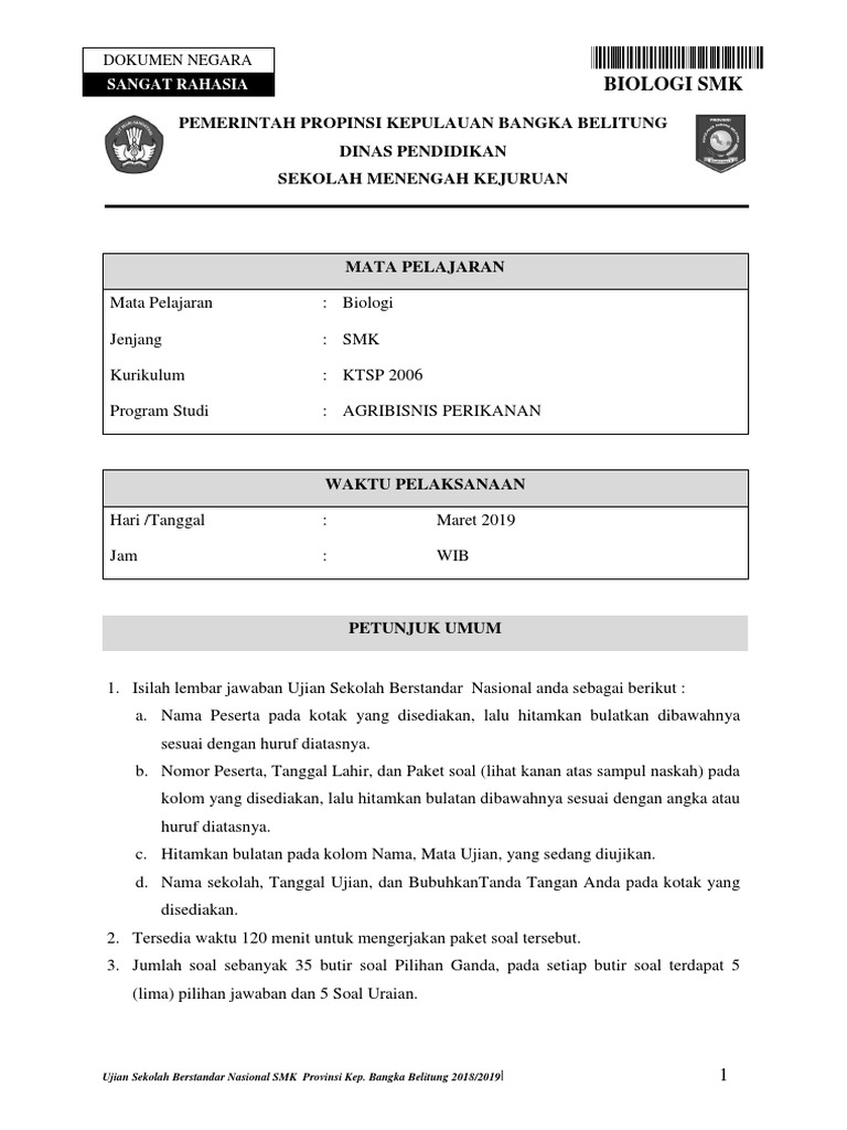 Soal Usbn Biologi Smk 2019 Ok