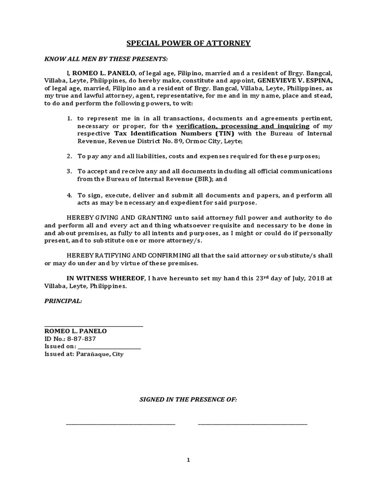 SPAtoverifyTINwithBIR2PANELO.docx Power Of Attorney Virtue