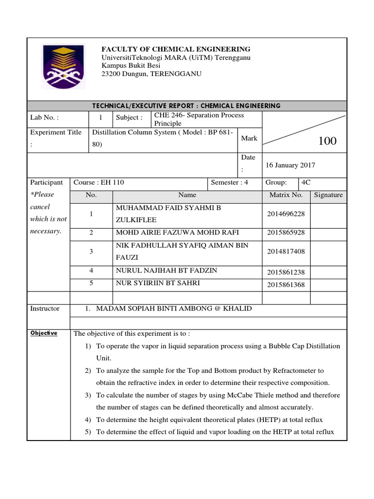 Lab Report Distillation Distillation Chemical Process Engineering