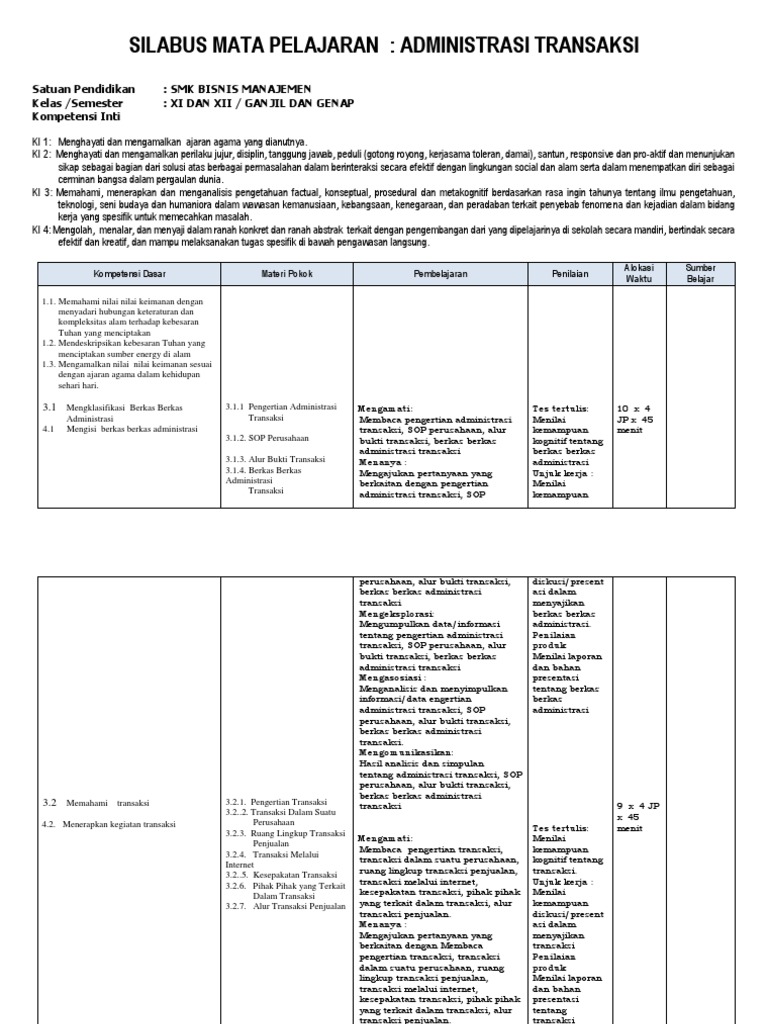 Silabus Administrasi Transaksi Kelas Xi Pm Smk Binus Jatirogodocx