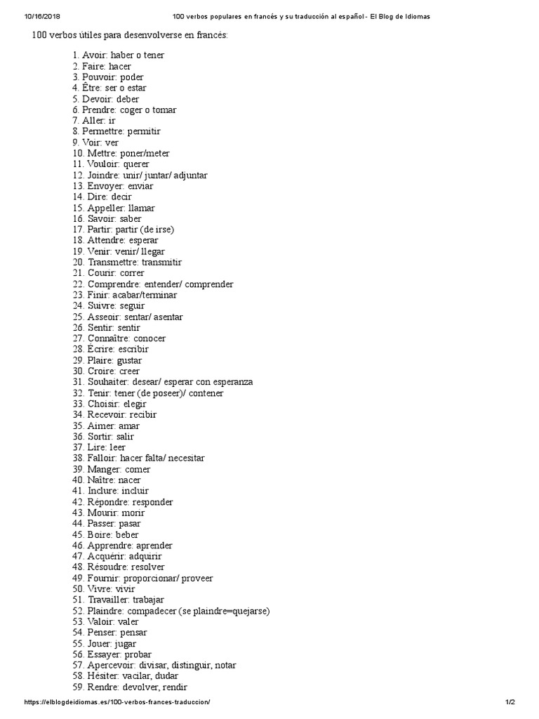 100 Verbos Populares en Francés y Su Traducción Al Español