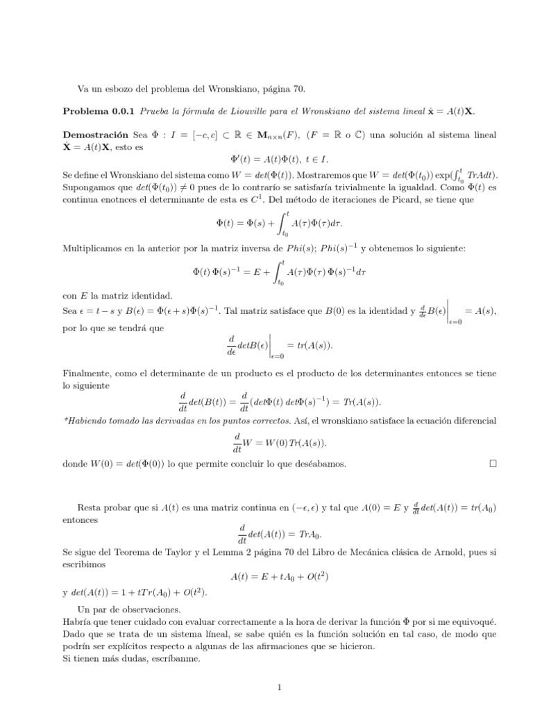 Fórmula de Liouville (Mecánica).pdf PDF Determinante Sistema de
