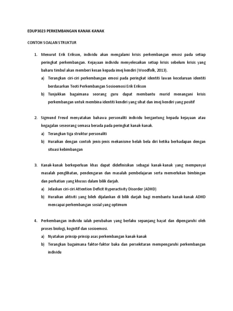Edup3023 Perkembangan Kanak Contoh Soalan Pdf