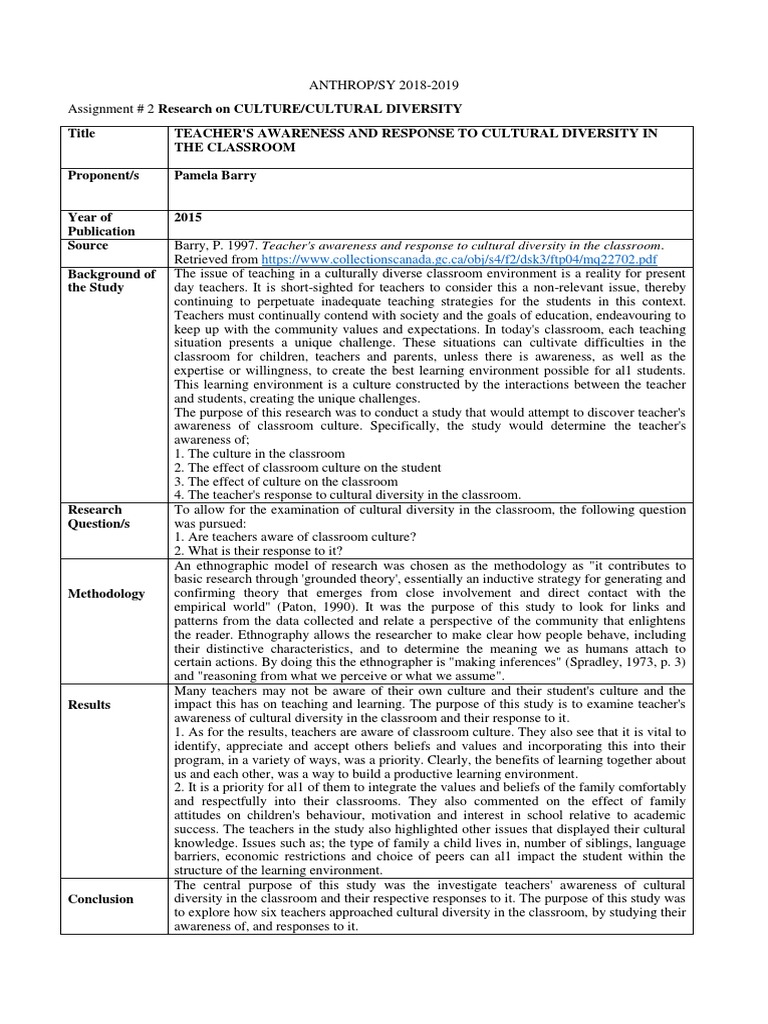 Teacher Awareness of Cultural Diversity | PDF | Teachers | Ethnography