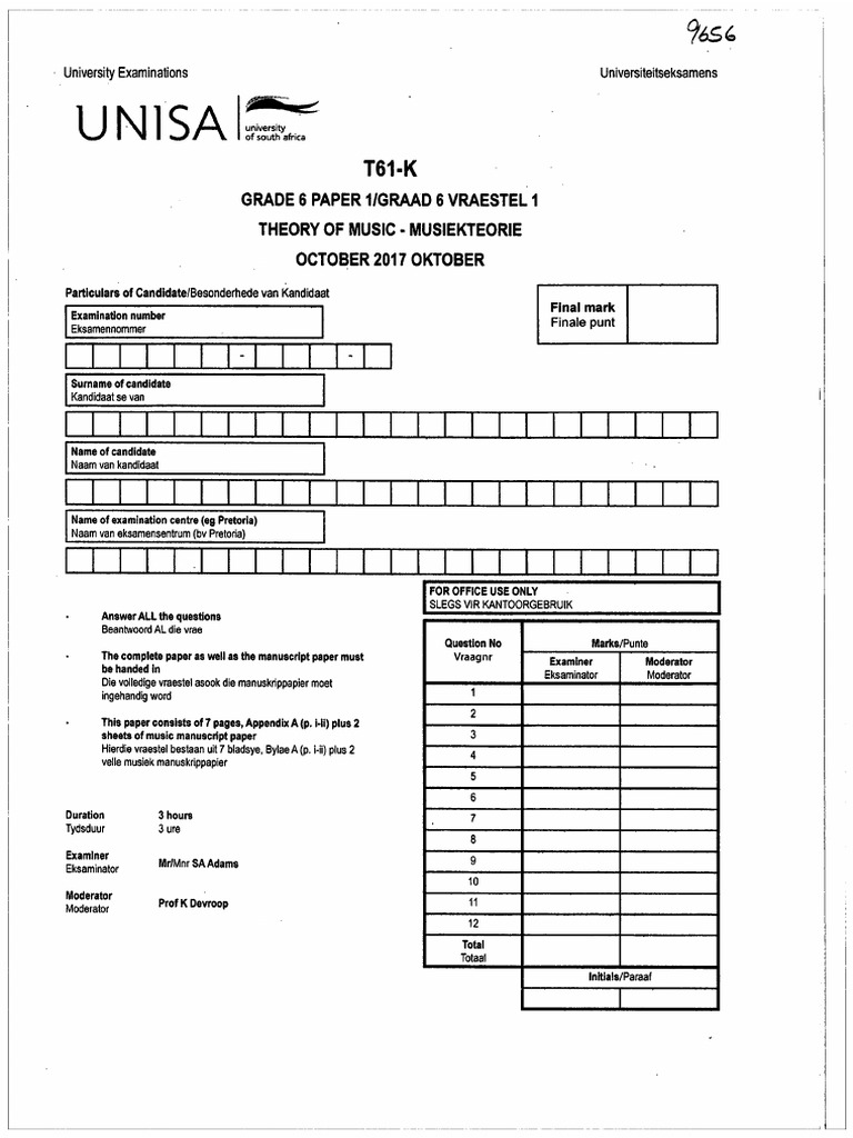 Unisa Grade 6-1 October 2017 Theory of Music Question Paper | PDF