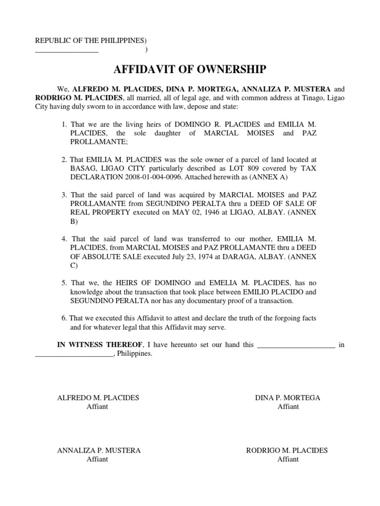 Affidavit Of Ownership Template - Carnelena