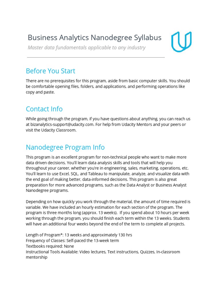 Business Analytics Nanodegree Syllabus Before You Start Data Analysis Databases