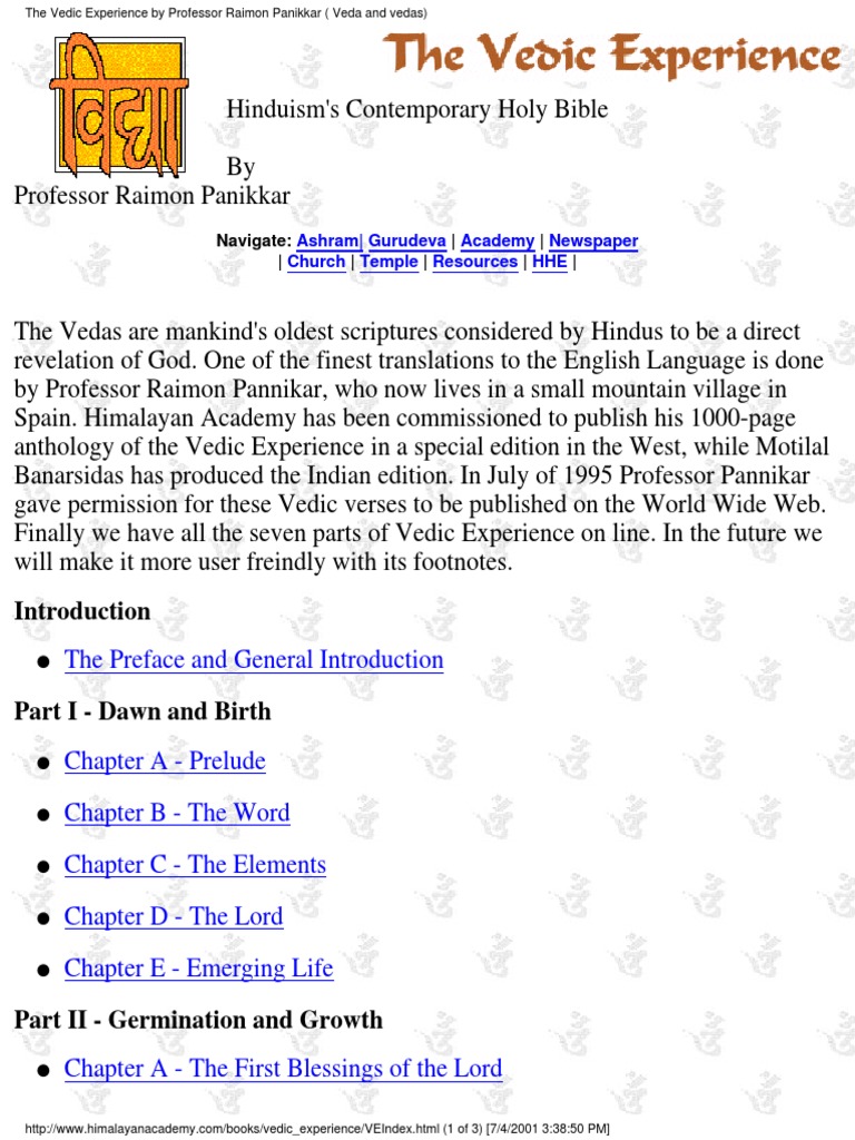 Vedic Experience: A Modern Anthology | PDF | Vedas | Indian Religions