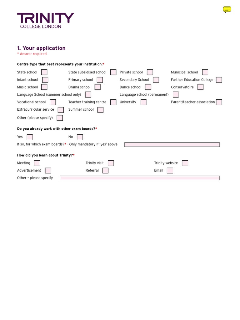 Trinity Exam Centre Application Form | PDF | Drum Kit | Piano