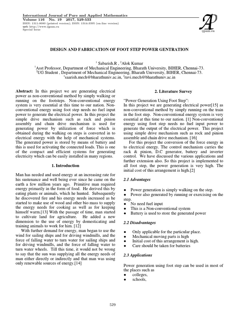 Design and Fabrication of Foot Step Power Gentration | PDF | Electric ...