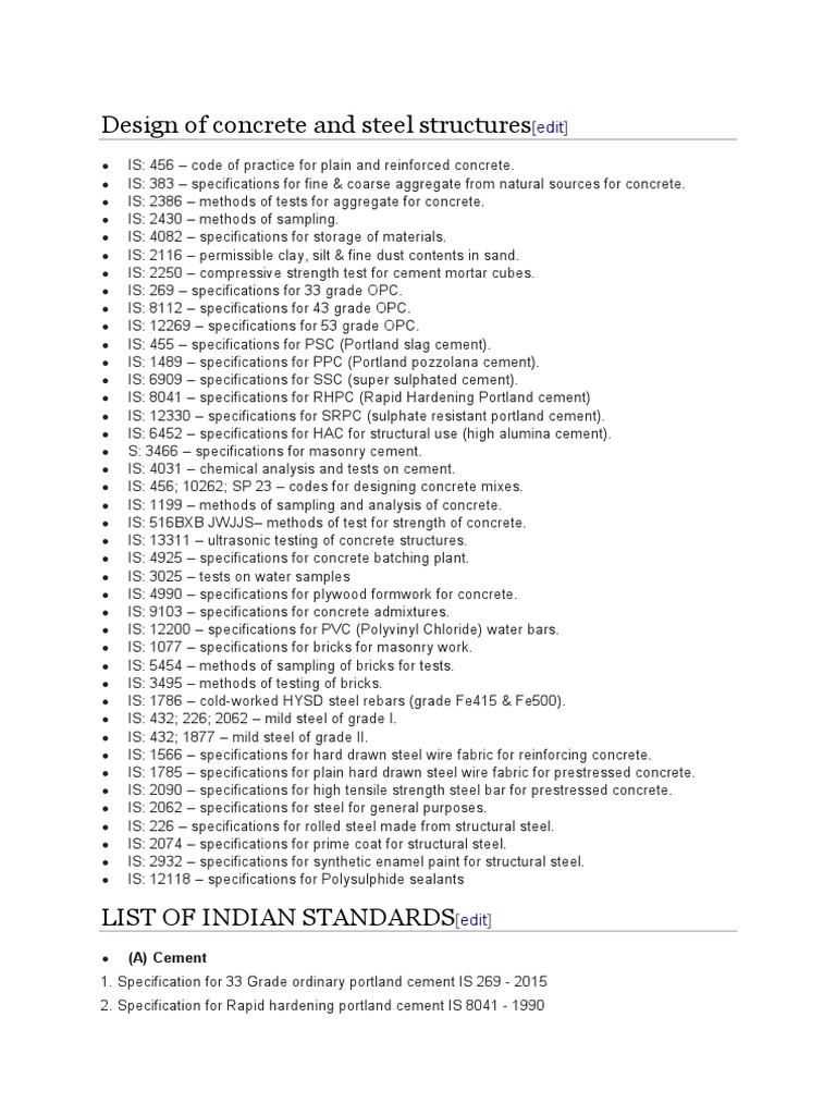 Indian Standards for Concrete and Steel | PDF | Concrete | Mortar (Masonry)