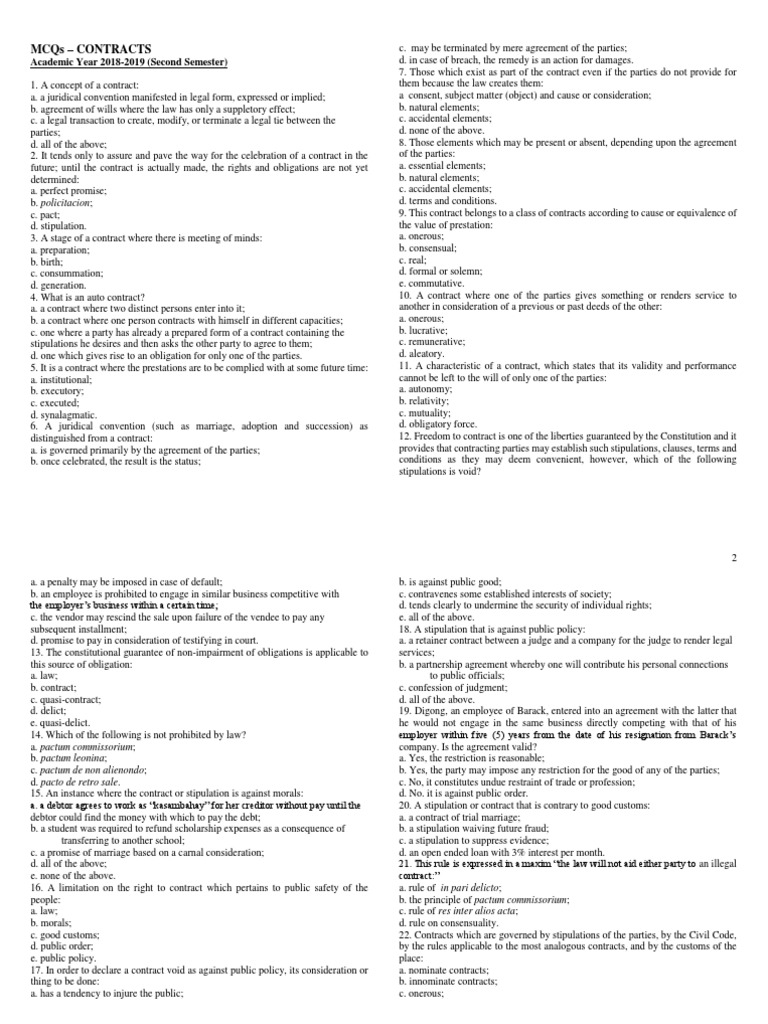Mcqs - Contracts: Academic Year 2018-2019 (Second Semester) | PDF ...
