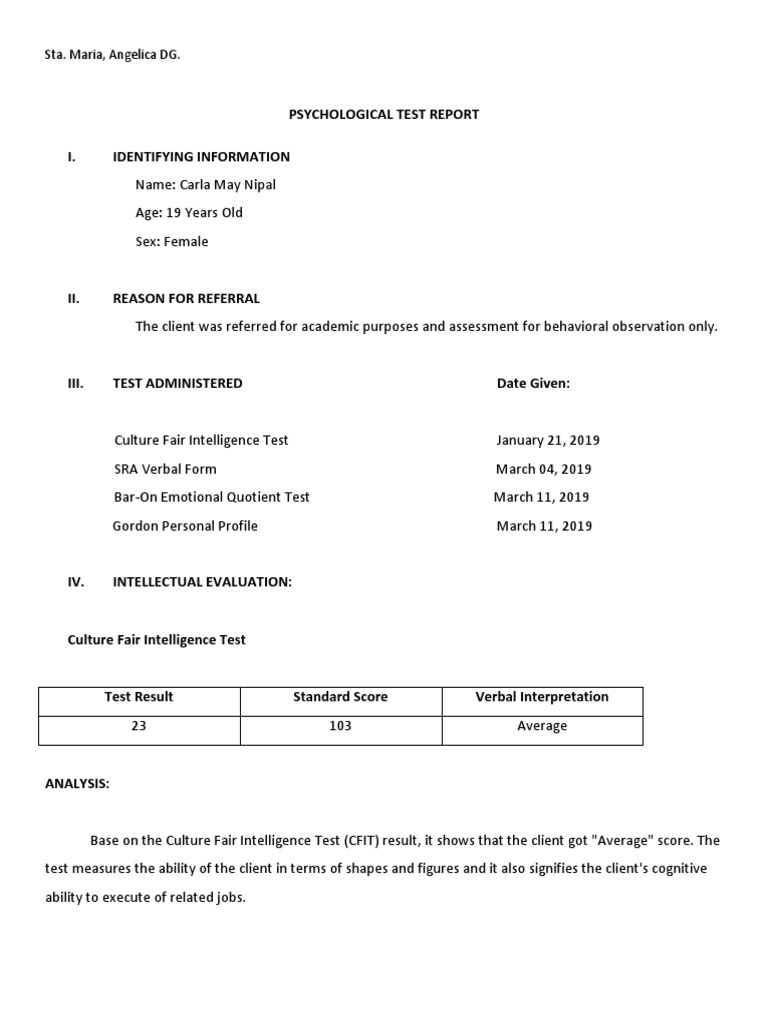 Carla May Nipal Psychological Report | PDF | Emotional Intelligence ...