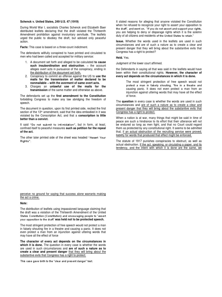 Schenck V US Case Digest PDF Constitutional Law Public Sphere