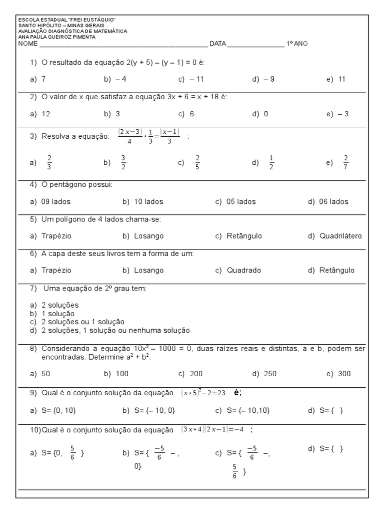 Avaliação Diagnostica - 1° Ano - Ensino Médio - 2019 - Matemática | PDF ...