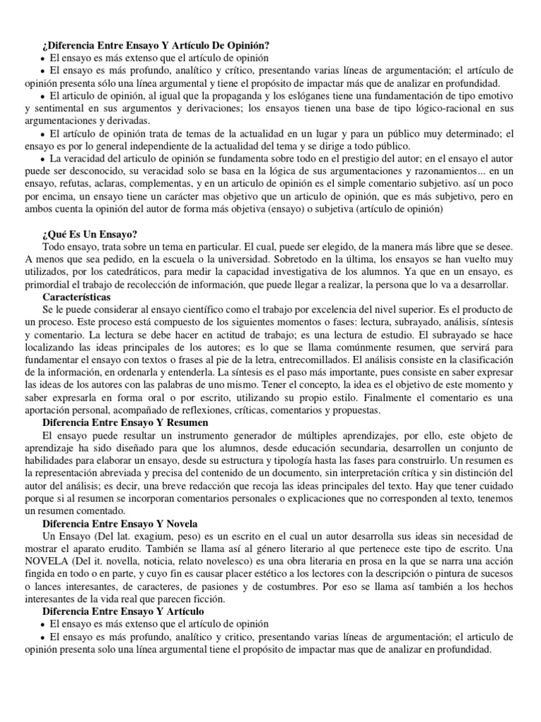 Diferencia Entre Ensayo Y Reseña Diferencia Entre Ensayo Y Artículo de Opinión | PDF | Ensayos | Conocimiento