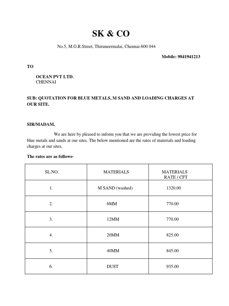 Quotation for Blue Metals and M Sand | PDF