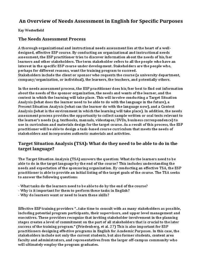 Language Needs Assessment in ESP | PDF | Needs Assessment | Learning