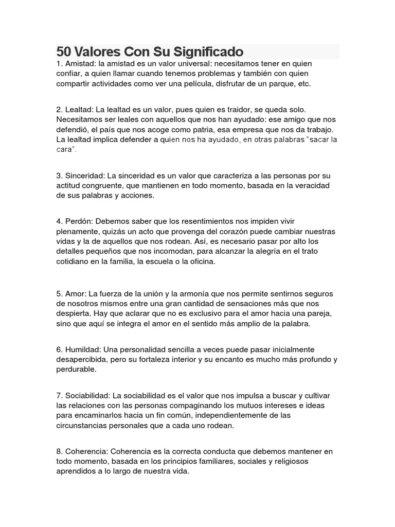 50 Valores y Su Significado | PDF | Felicidad | Amor
