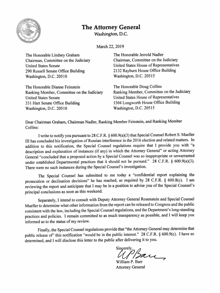 William Barr Letter To Congress | PDF | Government Of The United States ...