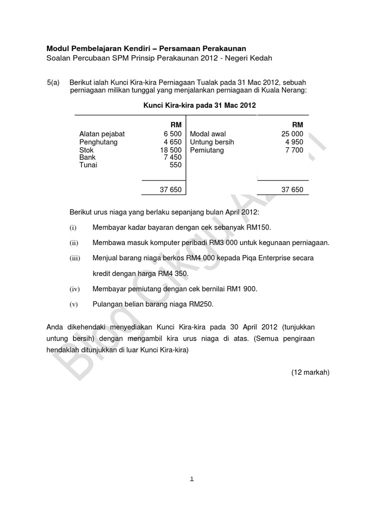 Soalan Percubaan SPM Prinsip Perakaunan 2012 - Negeri 
