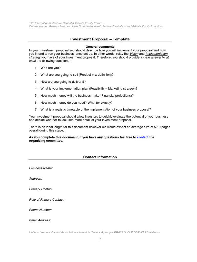 Investment Proposal – Template: General comments | Tech Start Ups