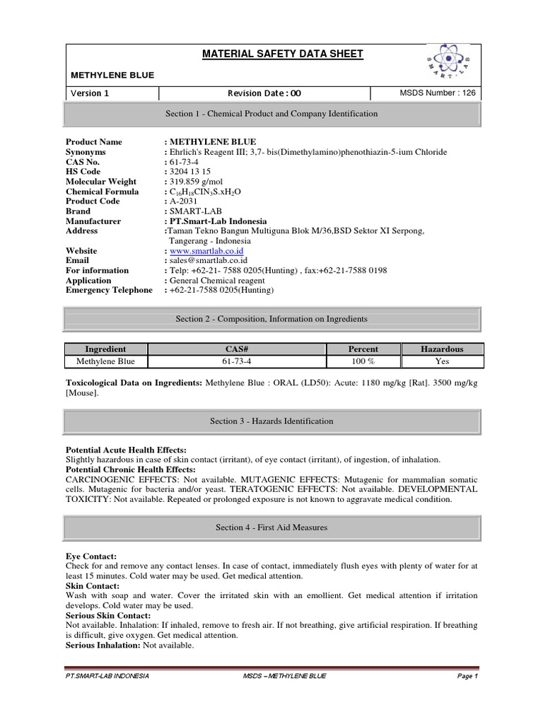 Msds Methylene Blue PDF Toxicity Personal Protective Equipment