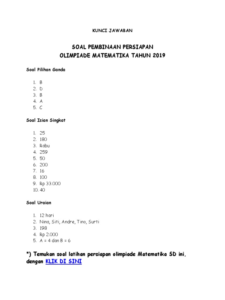 Kunci Jawaban Soal Olimpiade Matematika Sd Level Mudah Pdf