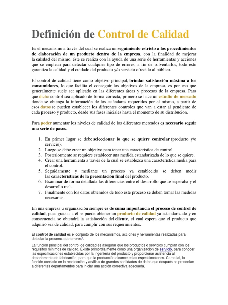Definición y Proceso de Control de Calidad | PDF | Gestión de la ...