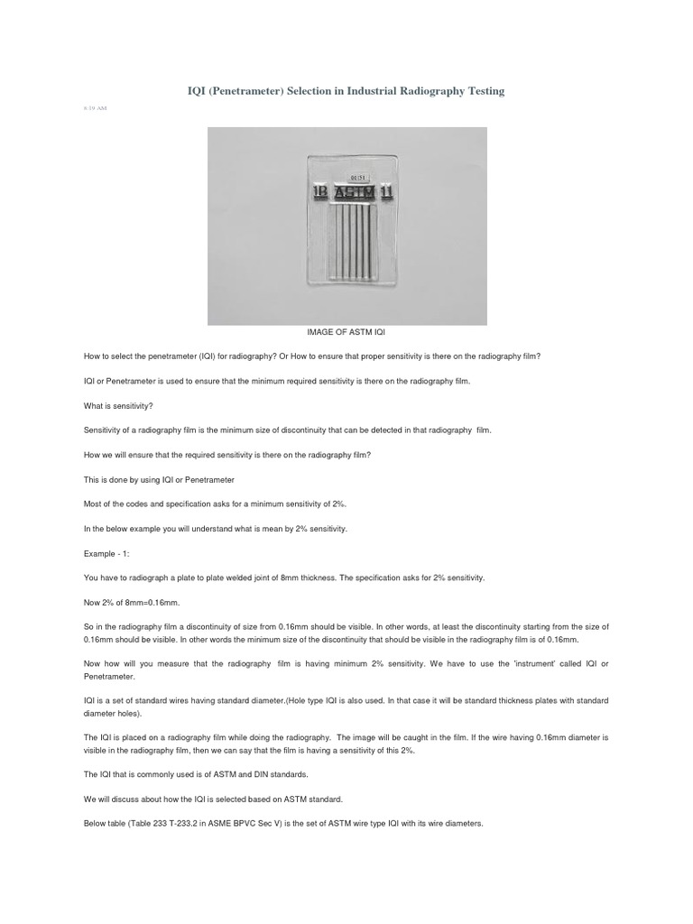 IQI Selection in Industrial Radiography Testing PDF
