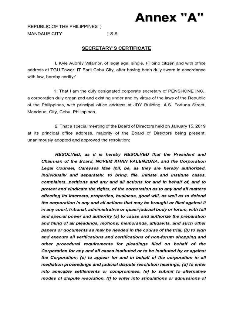 Secretary's Certificate for PENSHONE INC. | PDF | Lawyer | Pleading